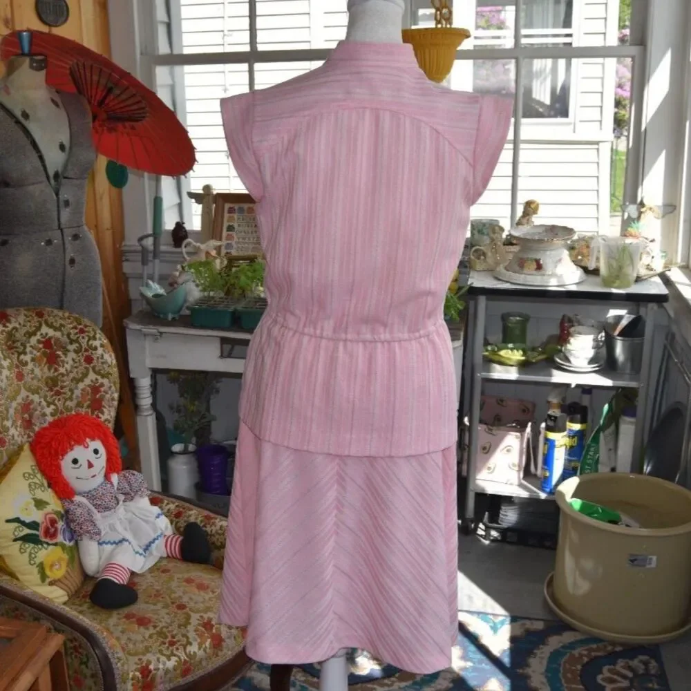 Vintage 60s Pink Stripe 2pc Skirt Set Cotton Summer Drawstring Medium